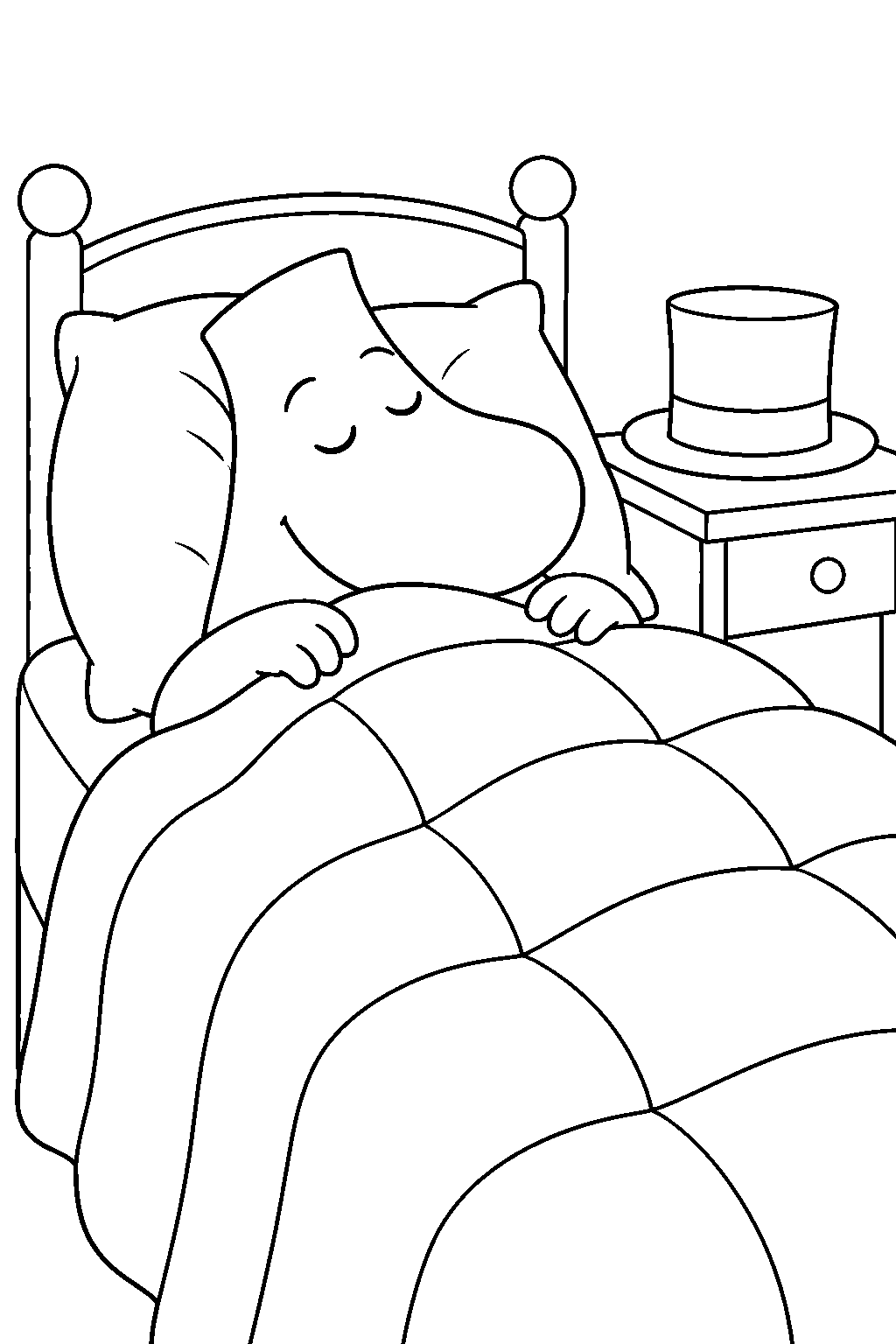 moominpappa hibernating beneath a quilt in his bedroom line art