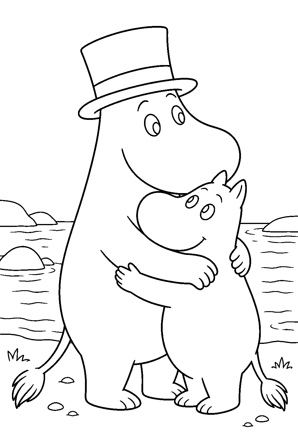 moominpappa hugging moomintroll after their reunion in the great flood line art