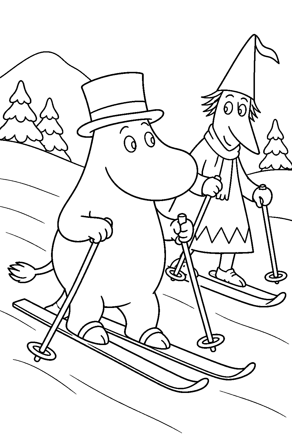 moominpappa learning to ski with mr brisk in snowy moominvalley line art