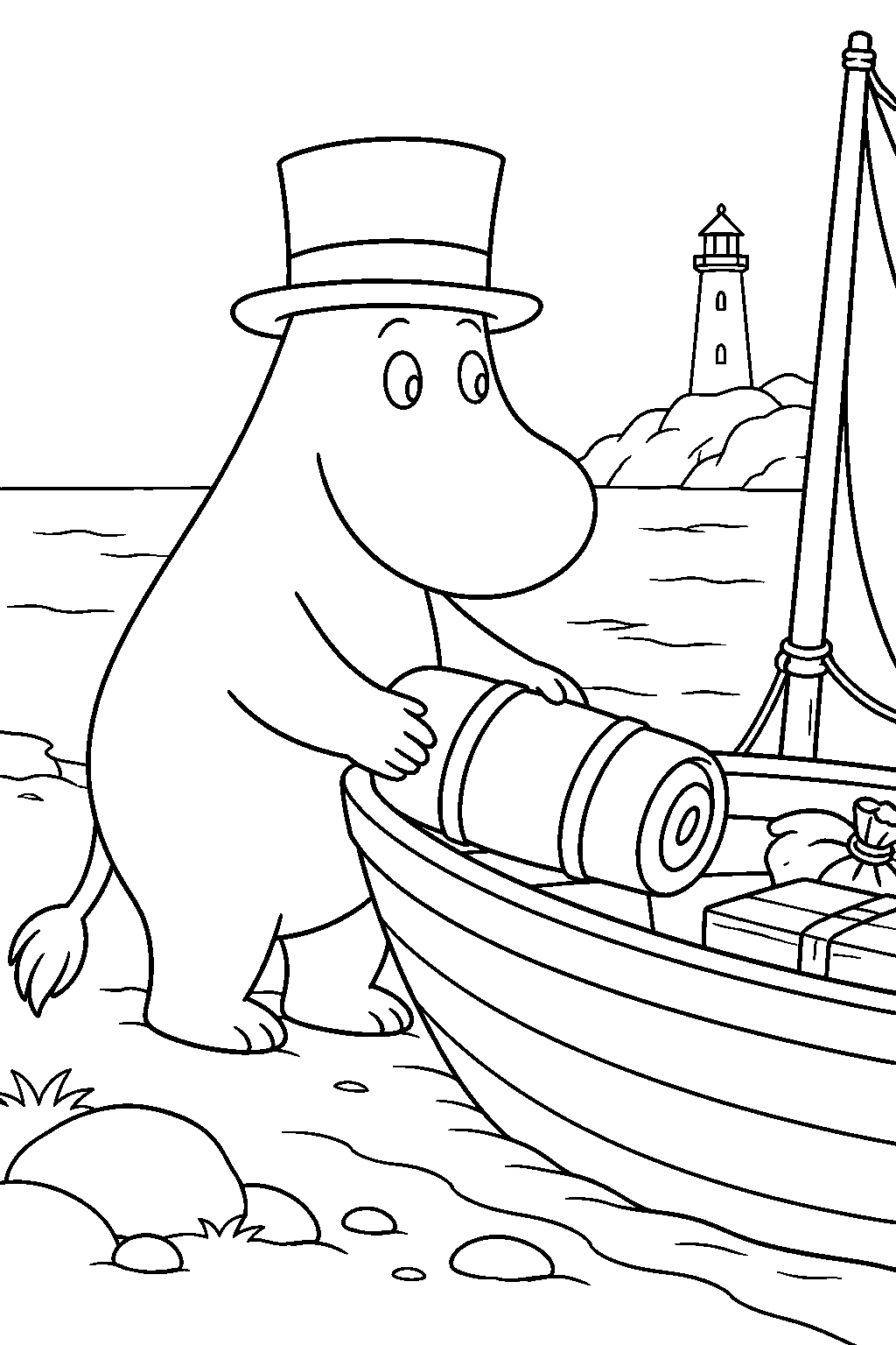 moominpappa loading supplies into the family boat for the lighthouse journey line art