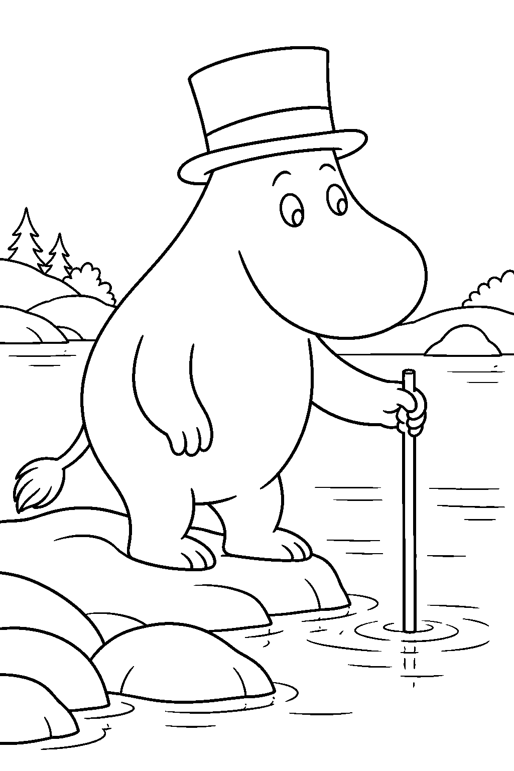 moominpappa measuring the water in a small island lake line art