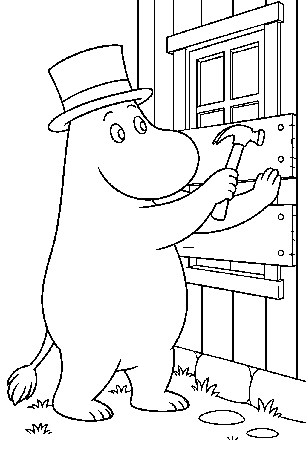 moominpappa nailing wooden boards over a moominhouse window before winter line art