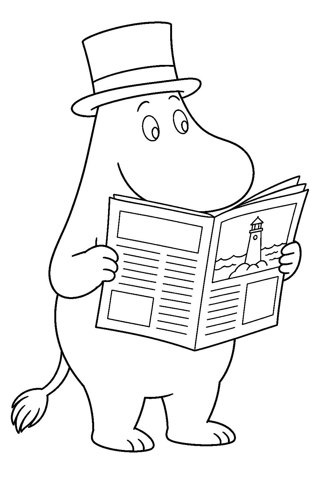 moominpappa reading a newspaper advertisement for a lighthouse keeper line art