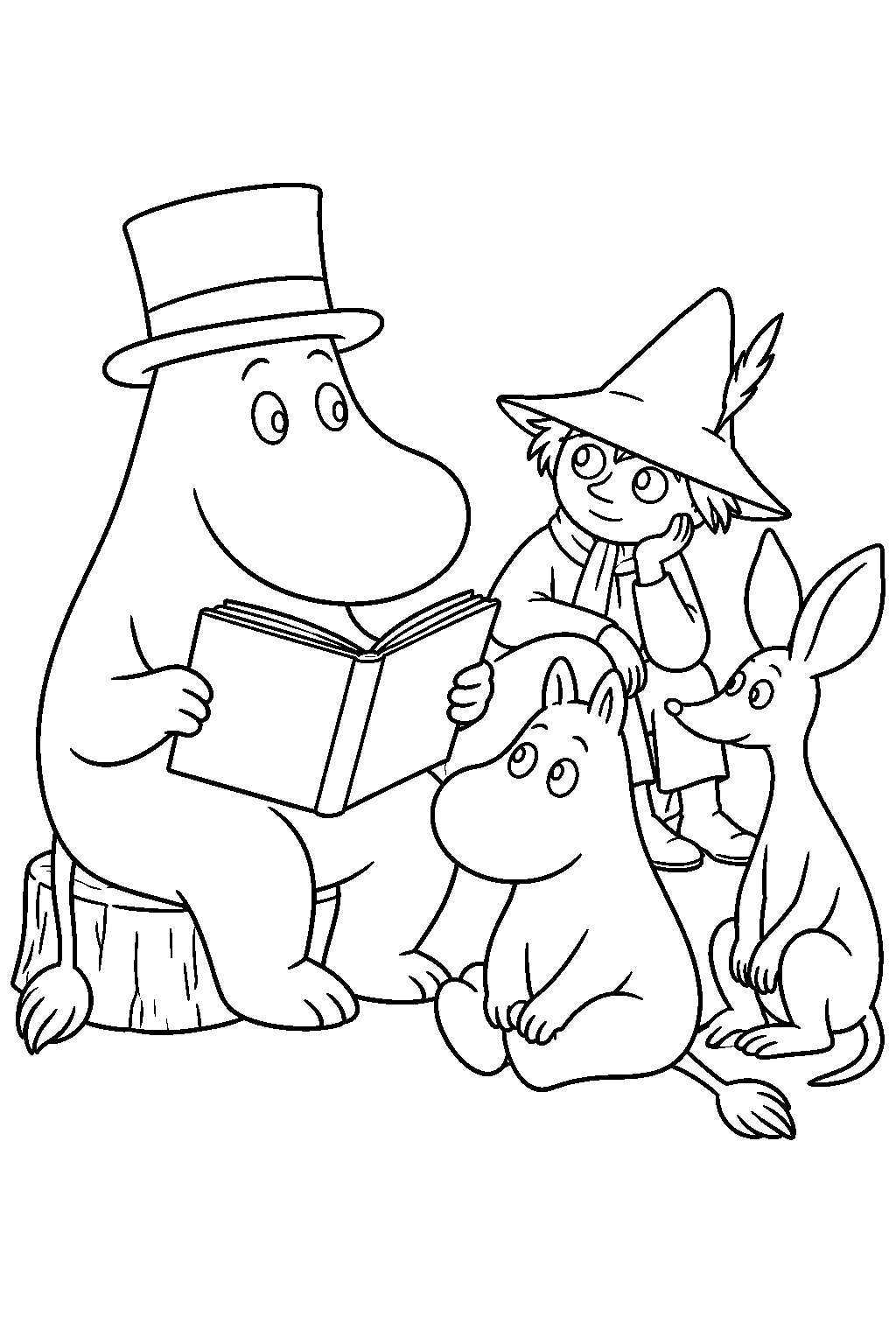 moominpappa reading his memoirs aloud to moomintroll snufkin and sniff line art