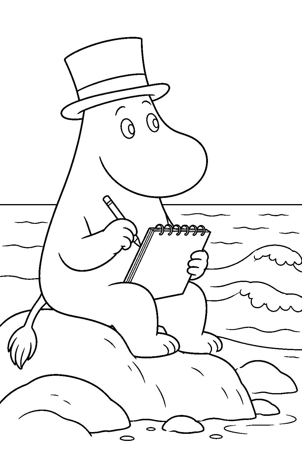 moominpappa recording the sea waves in his notebook line art