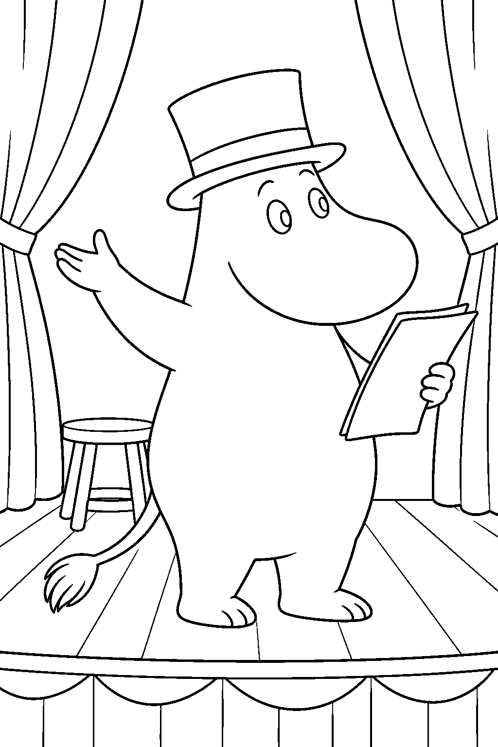 moominpappa rehearsing his play with a script on the floating theatre stage line art