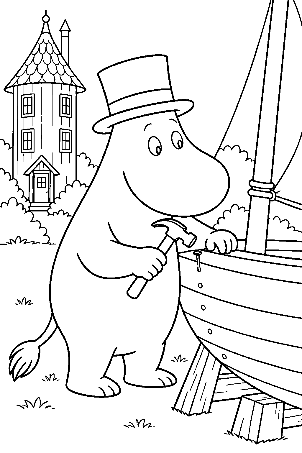 moominpappa repairing a small sailing boat outside the moominhouse line art