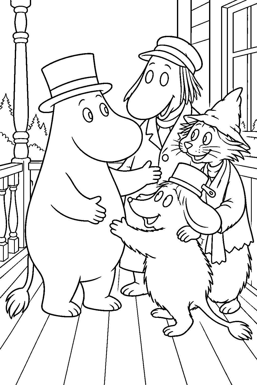moominpappa reuniting with hodgkins the joxter and the muddler on the veranda line art