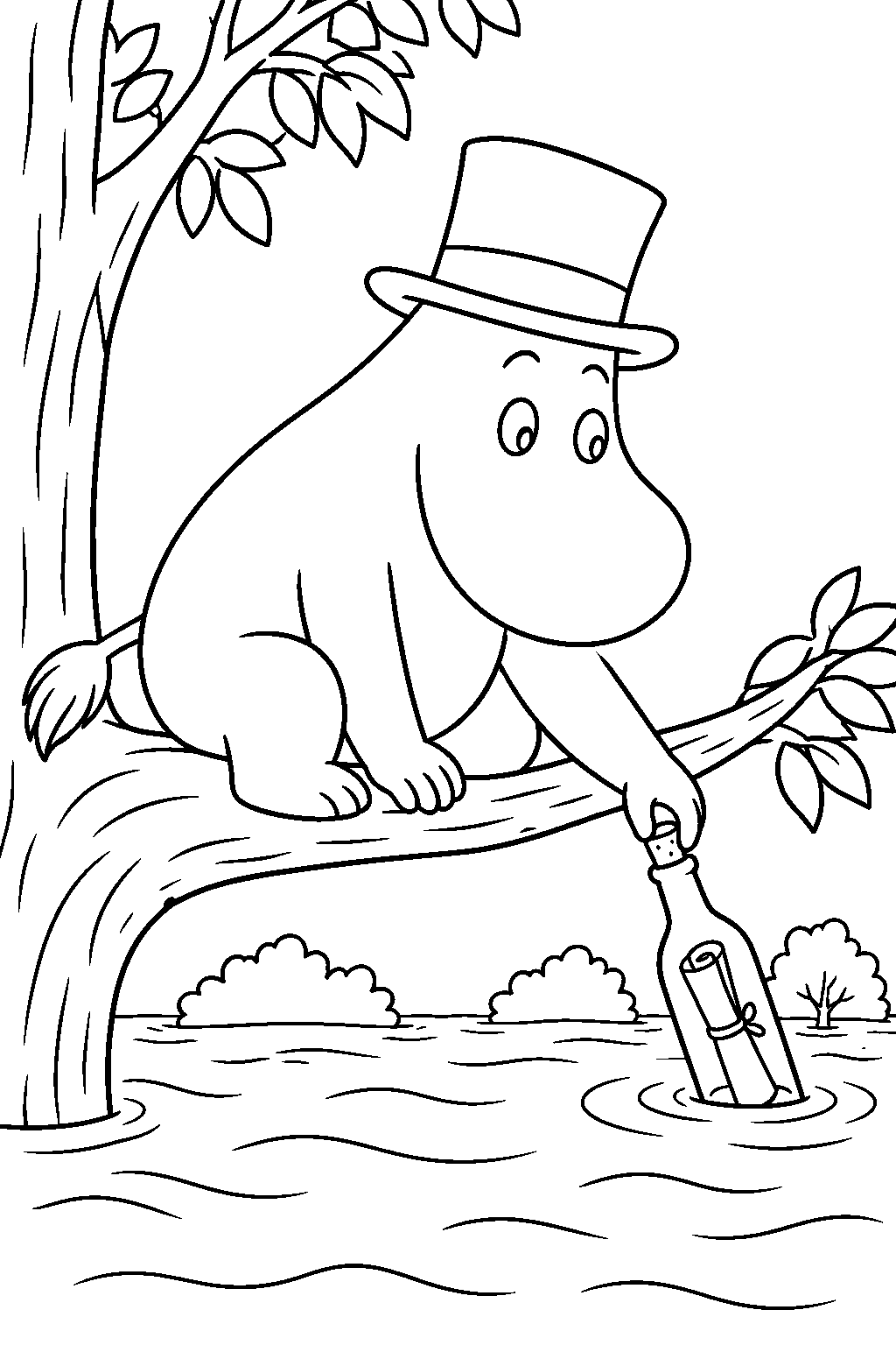 moominpappa sending a message in a bottle from a tree during the great flood line art