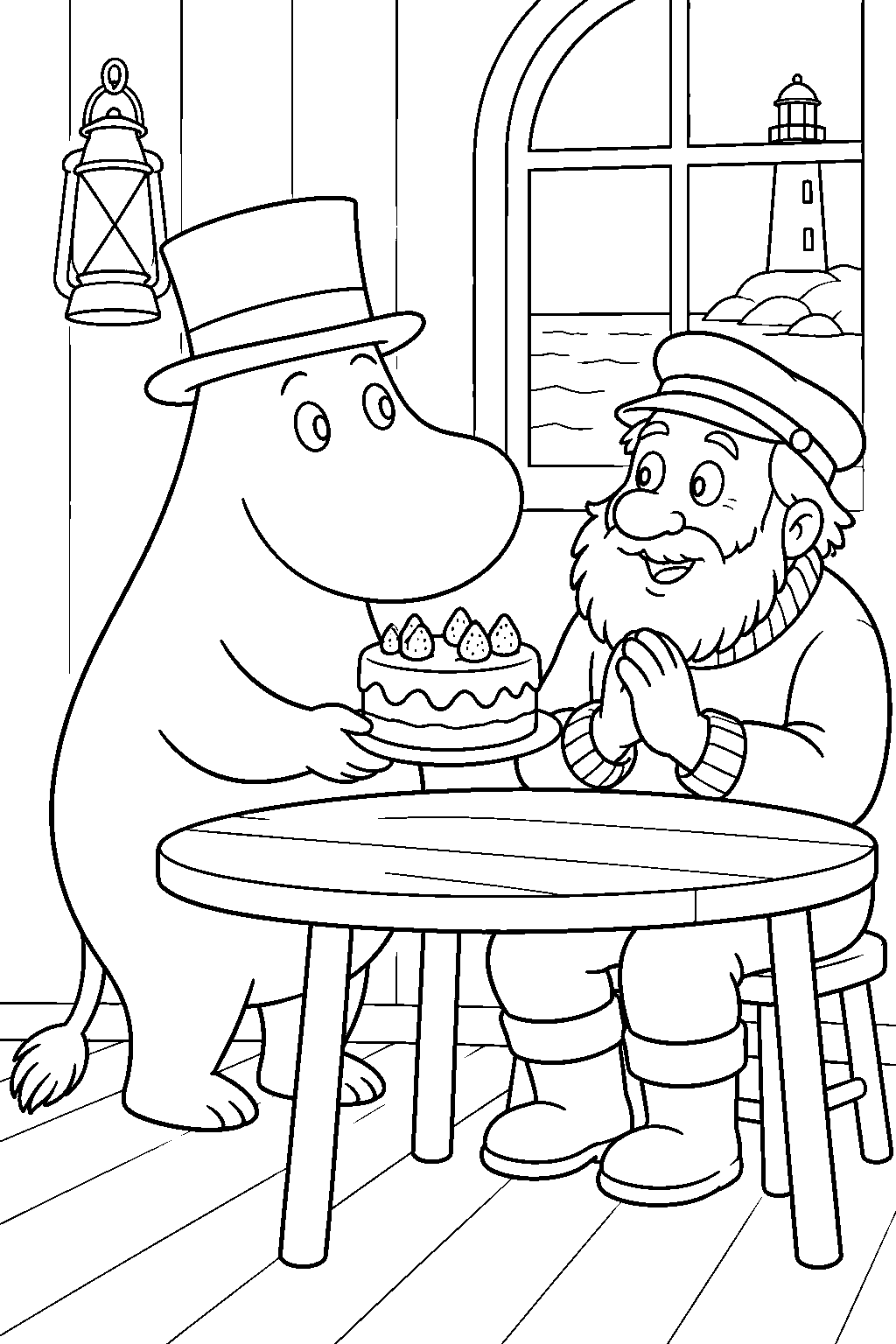 moominpappa sharing a birthday cake with the lighthouse keeper line art