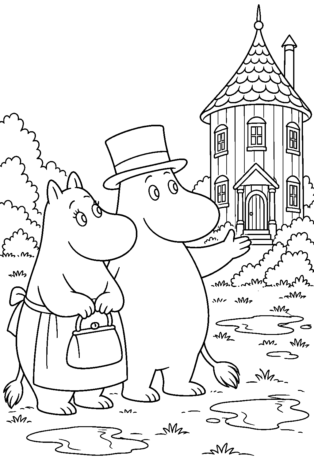moominpappa showing moominmamma their house in moominvalley after the great flood line art