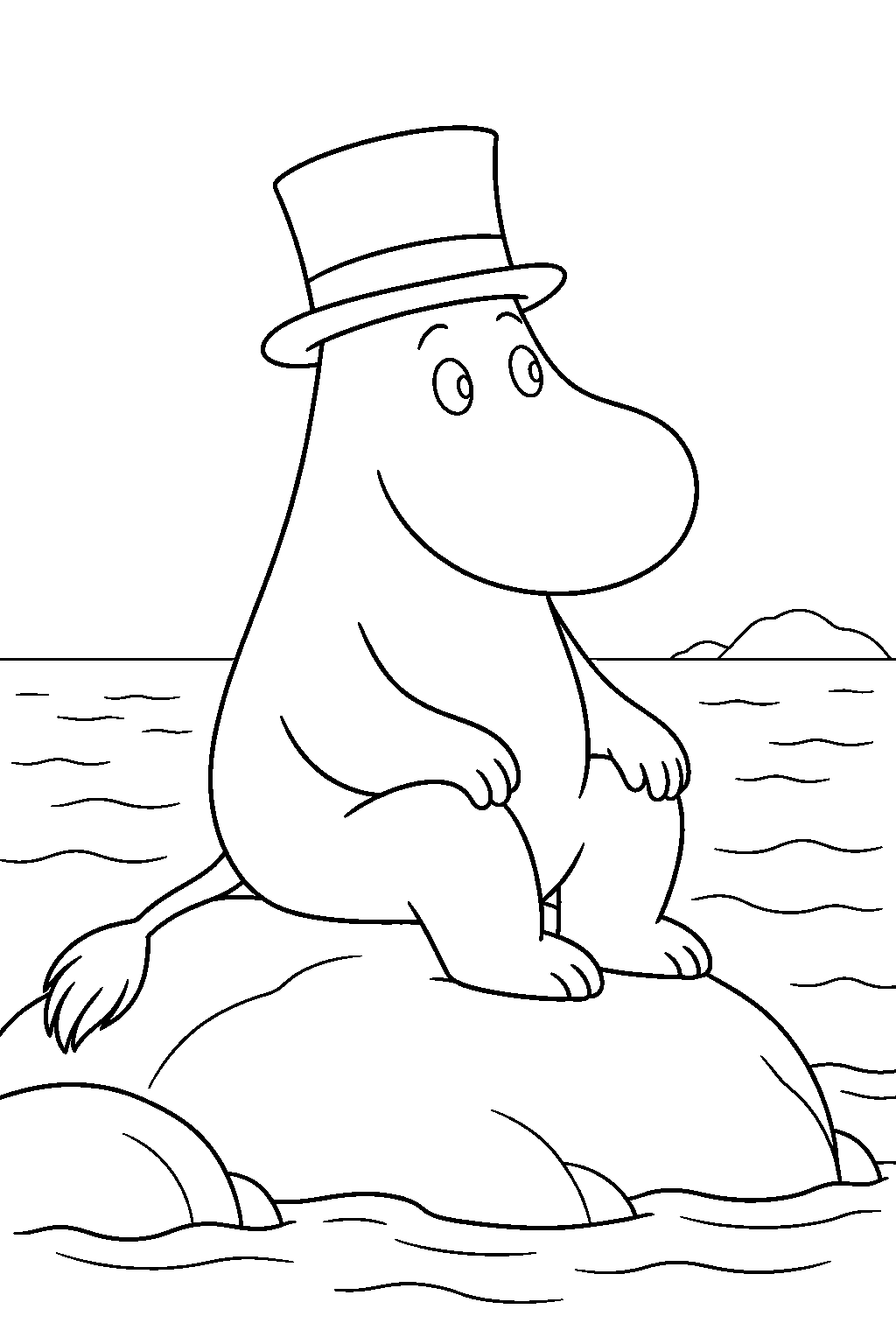 moominpappa sitting on a rock beside the sea line art