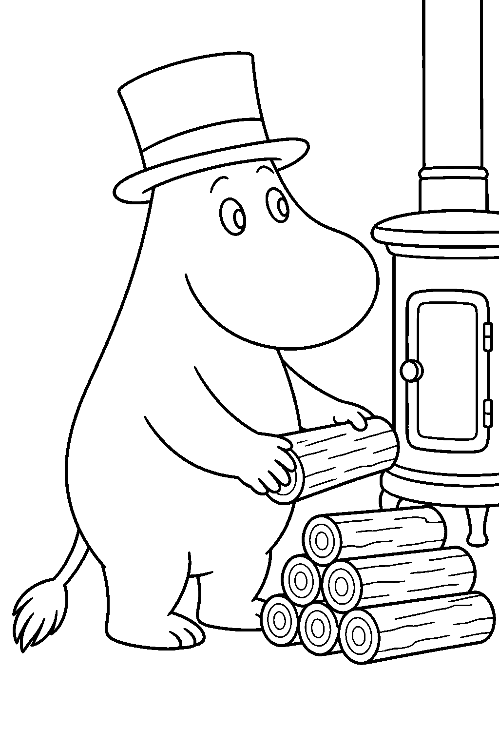 moominpappa stacking firewood beside the moominhouse stove line art