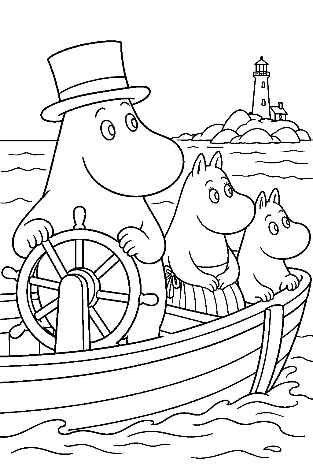 moominpappa steering the family boat toward the island lighthouse line art