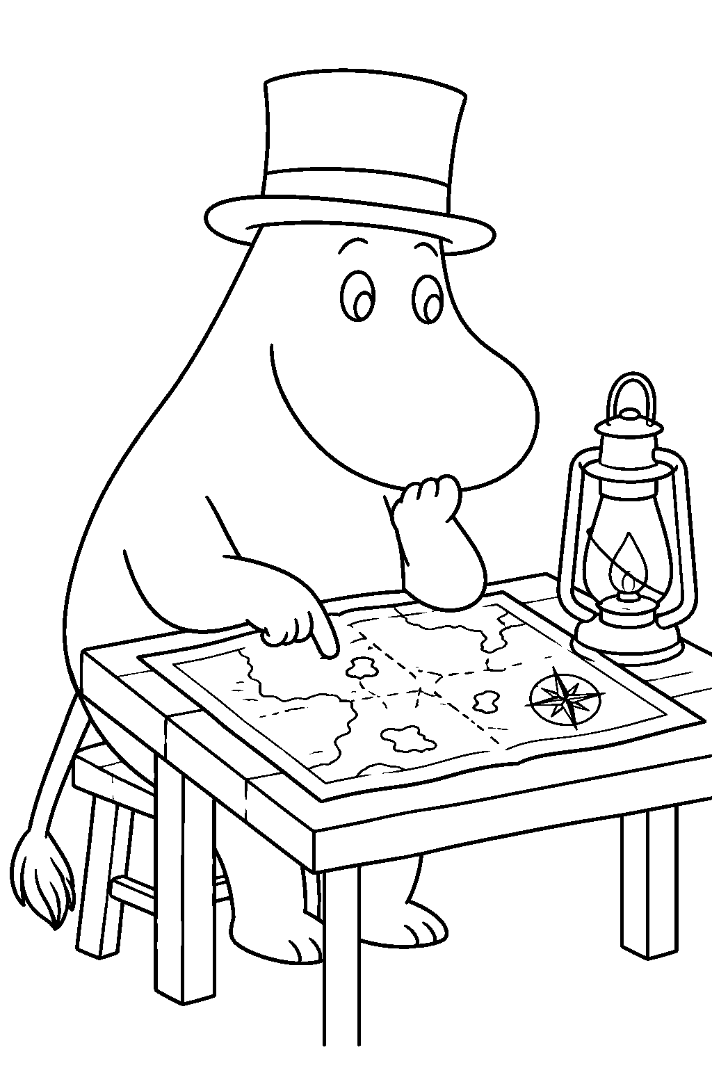 moominpappa studying a sea chart beside a lantern before his voyage line art