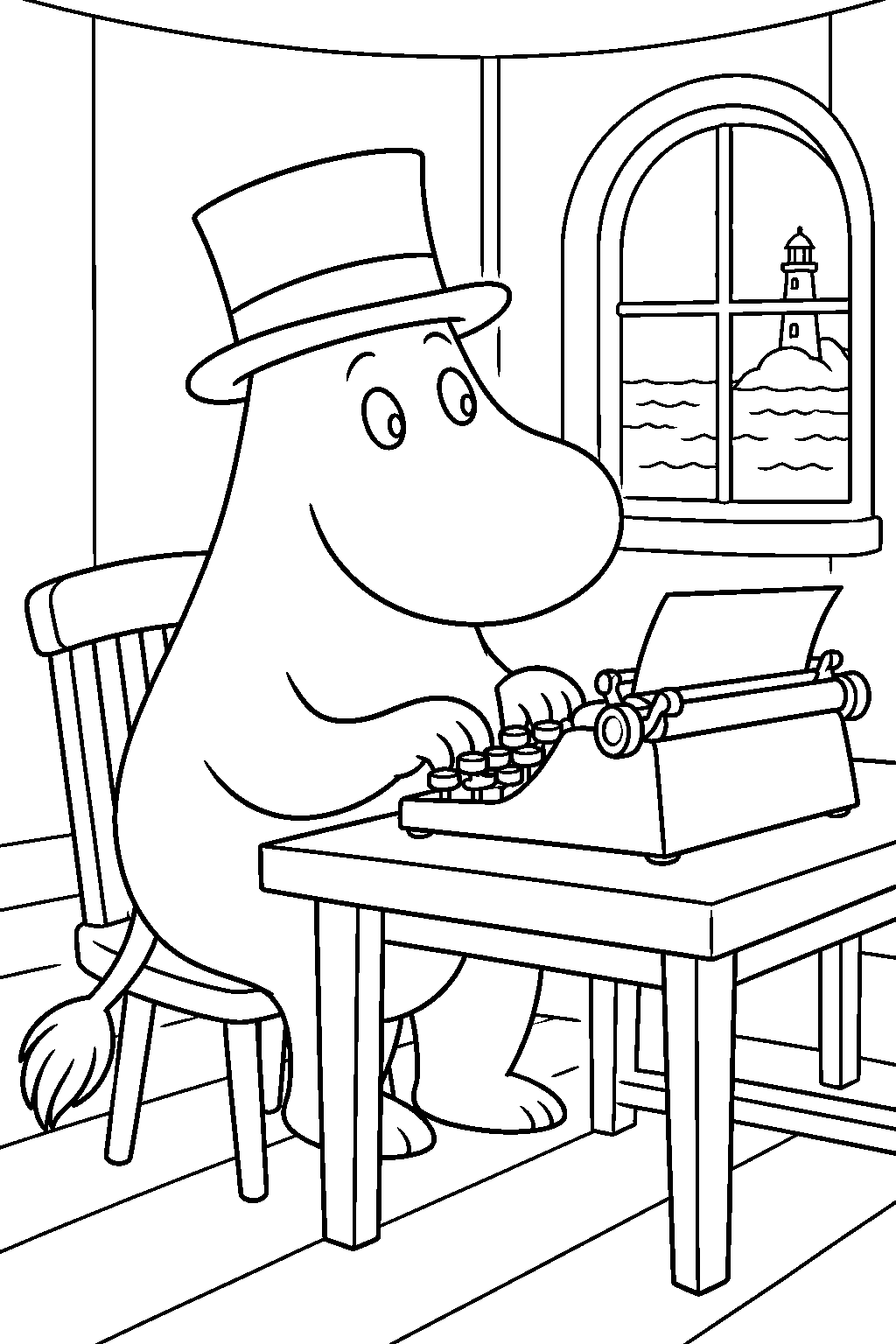 moominpappa typing his sea novel inside the lighthouse line art