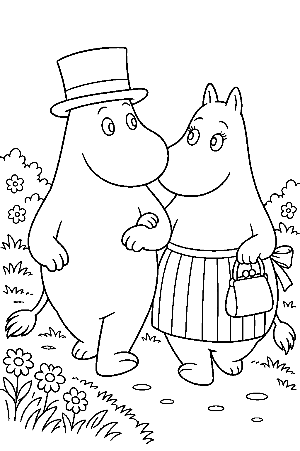 moominpappa walking arm in arm with moominmamma through the garden line art