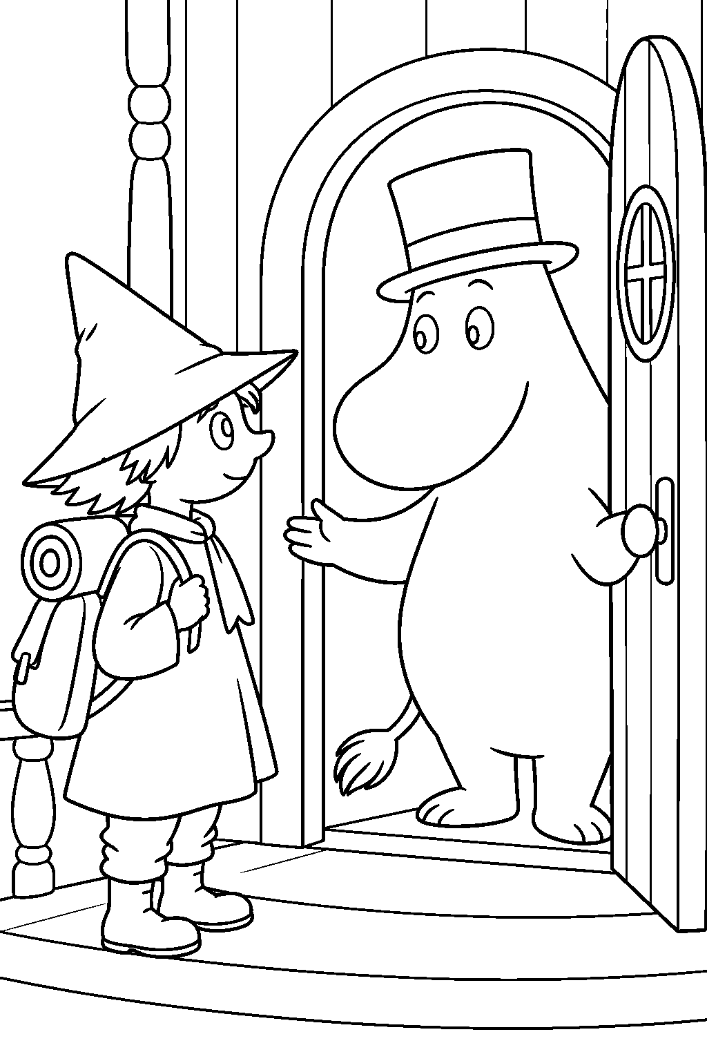 moominpappa welcoming snufkin at the moominhouse front door line art