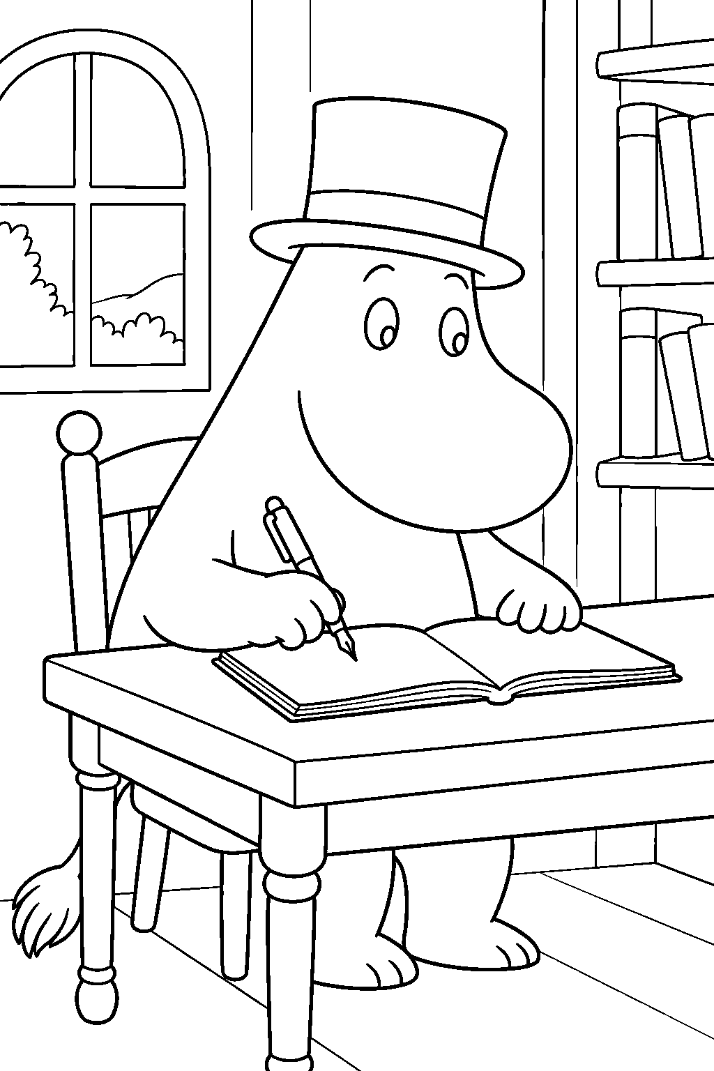 moominpappa writing his memoirs at his desk in the moominhouse line art