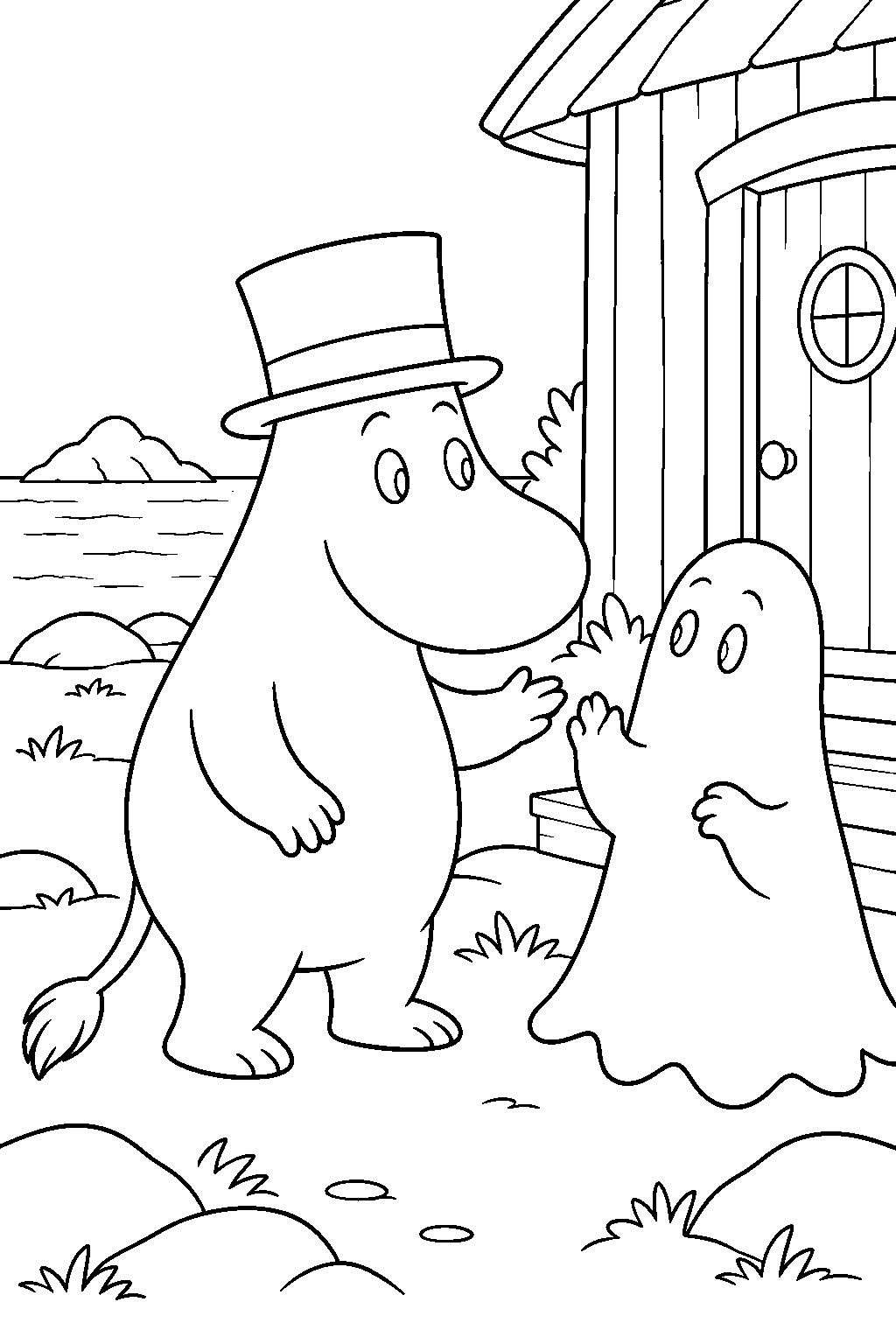young moominpappa befriending the ghost at his island home line art
