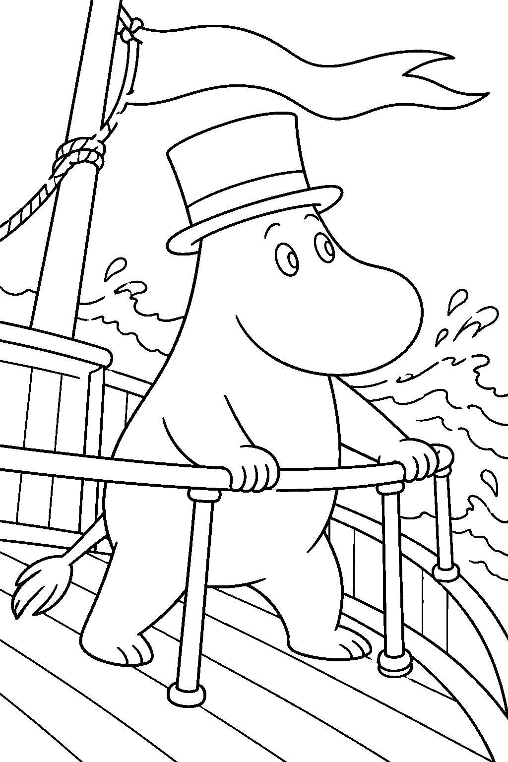 young moominpappa bracing against a storm aboard the oshun oxtra line art