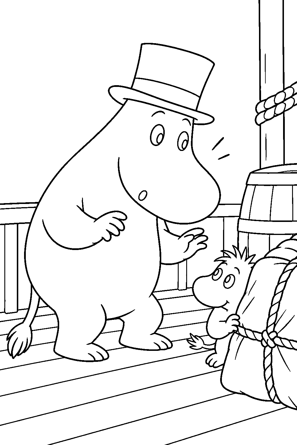 young moominpappa discovering a nibling stowaway aboard the riverboat line art