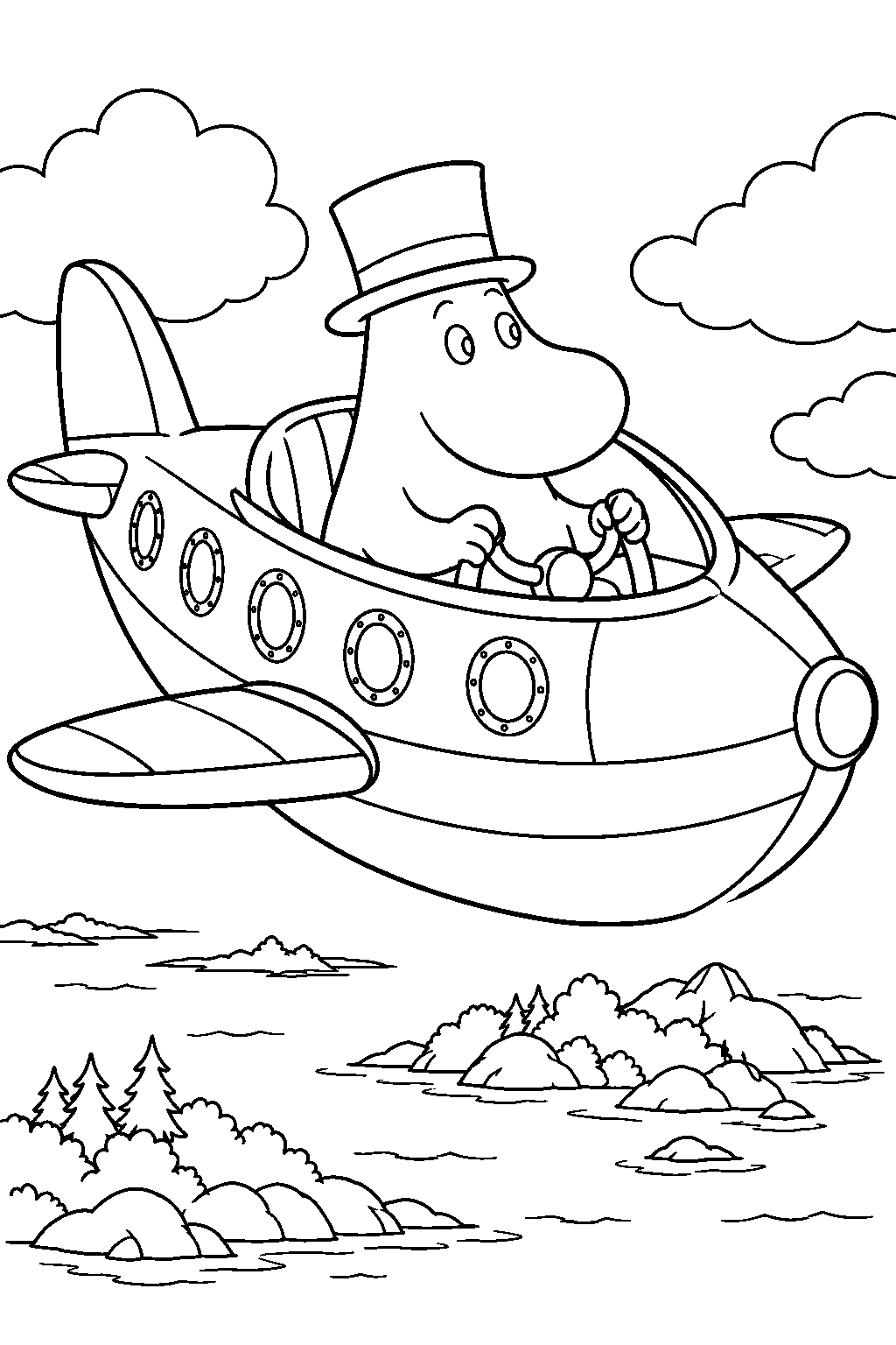 young moominpappa flying above the islands aboard hodgkins s amphibian line art