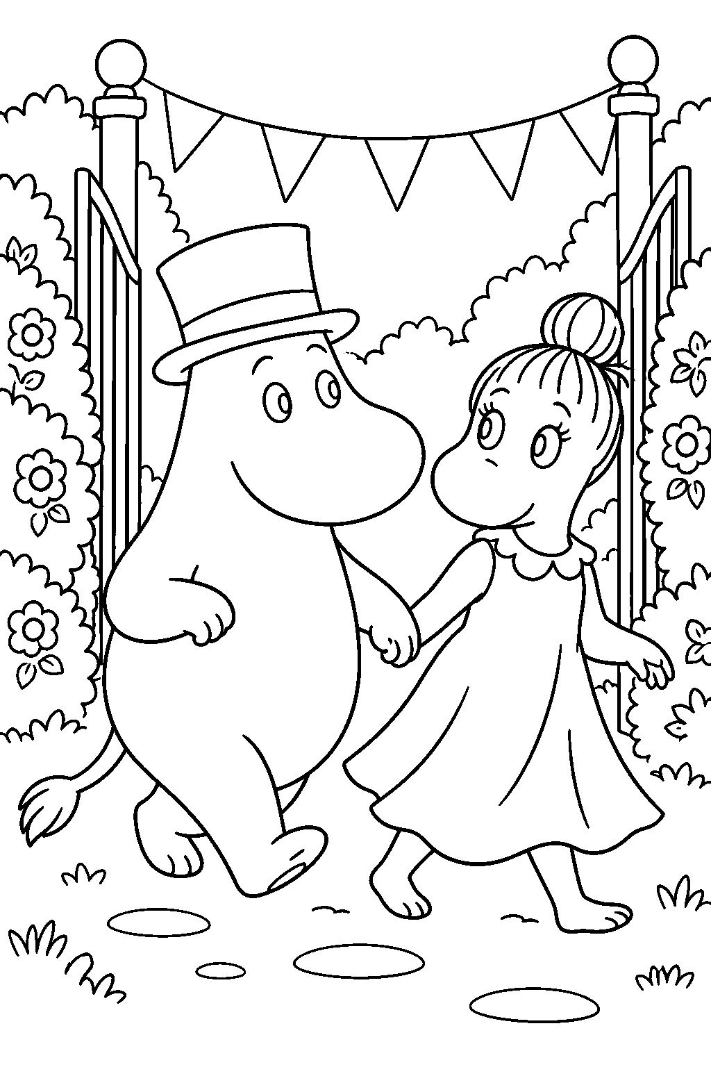 young moominpappa following the mymble s daughter through daddy jones s garden party line art