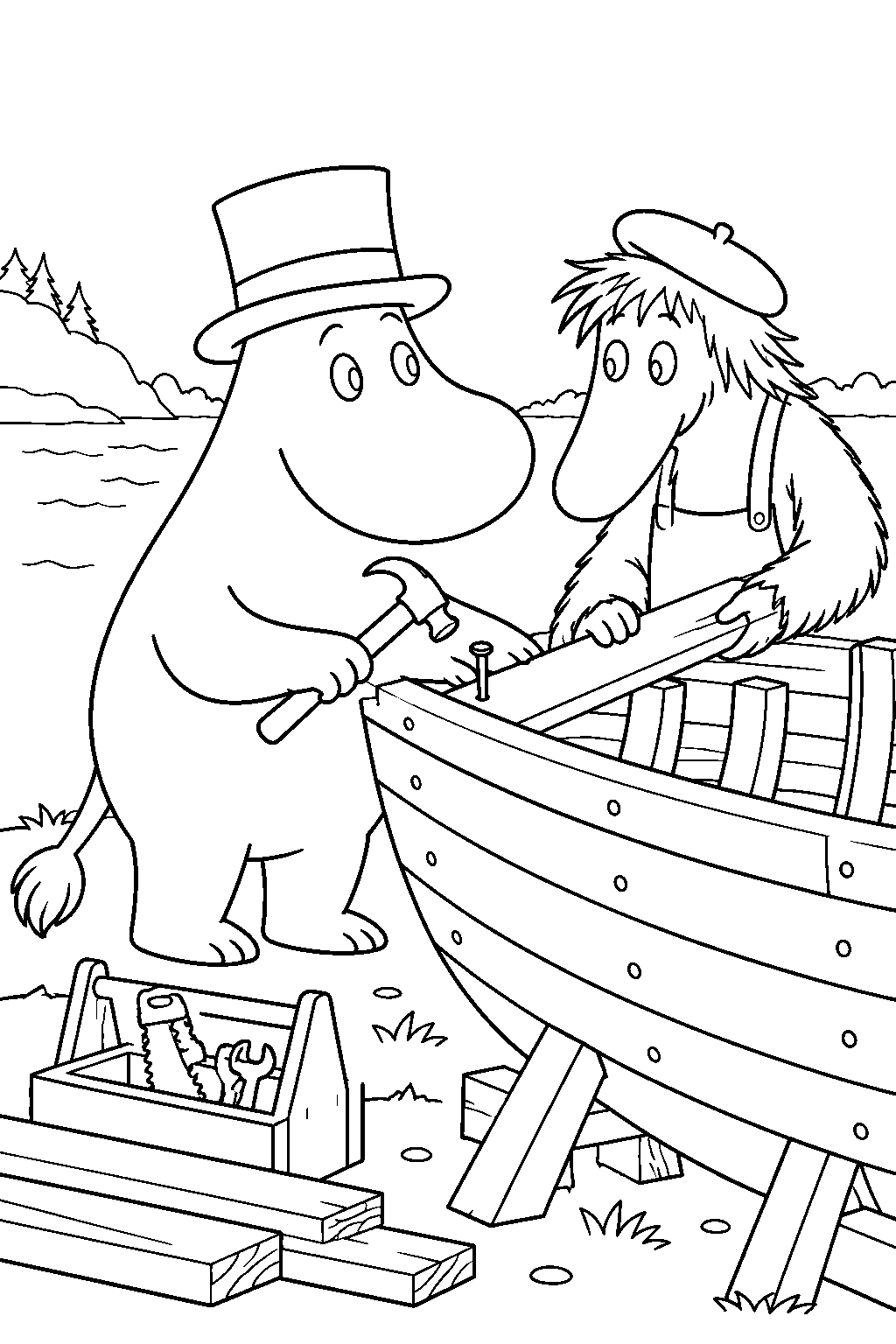 young moominpappa helping hodgkins build the oshun oxtra riverboat line art