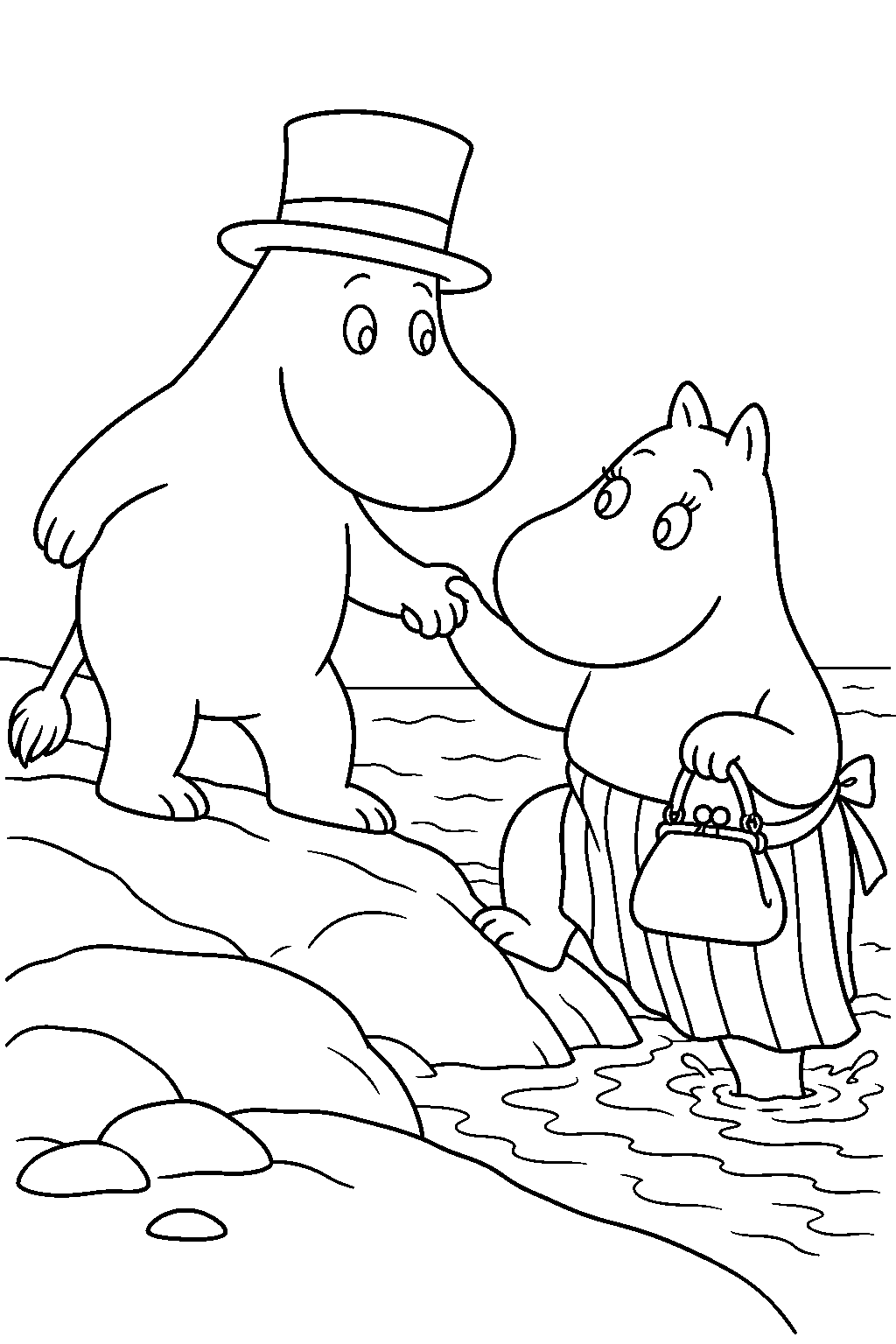 young moominpappa helping shipwrecked moominmamma out of the sea line art