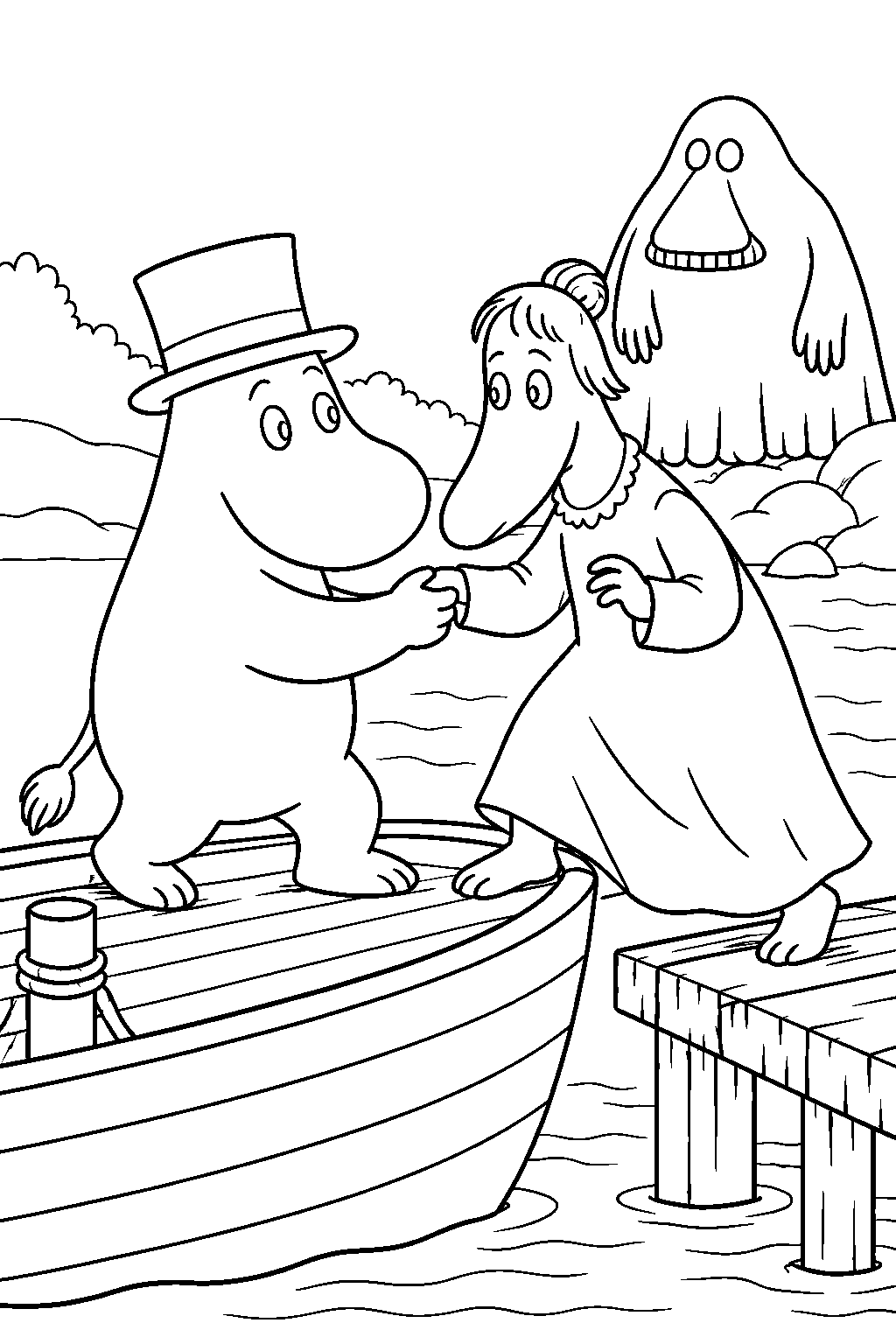 young moominpappa helping the hemulen s aunt escape from the groke line art