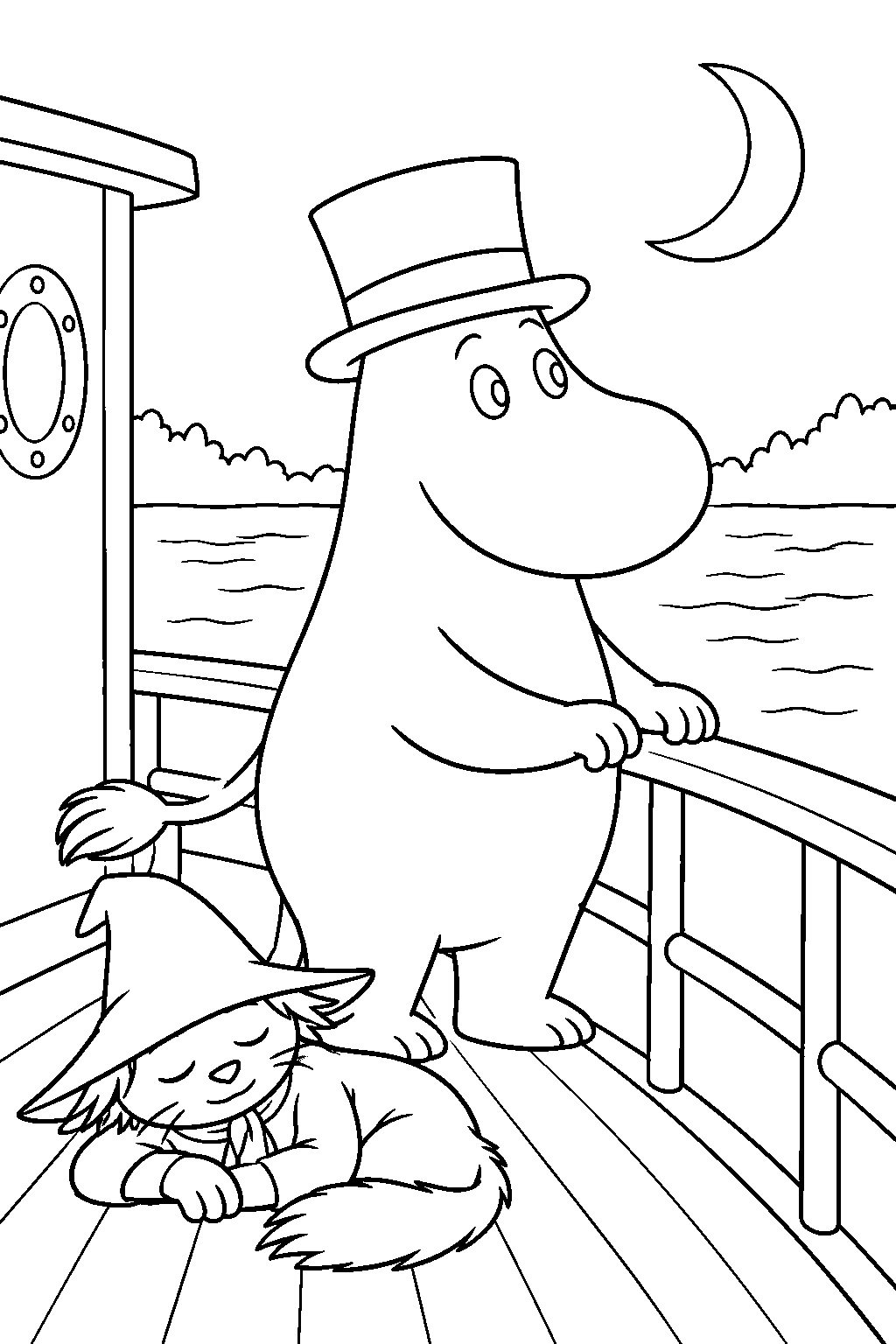 young moominpappa keeping night watch while the joxter rests on the riverboat line art