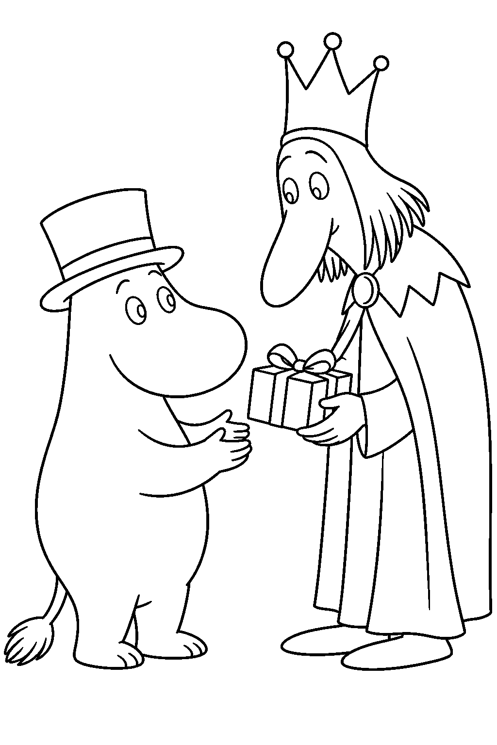 young moominpappa receiving a lottery prize from daddy jones line art