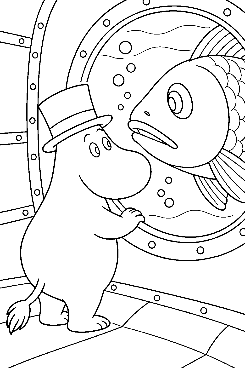 young moominpappa watching a giant fish through the submerged amphibian s window line art