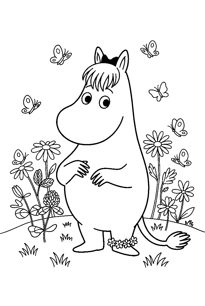 moomin snorkmaiden in butterfly meadow line art