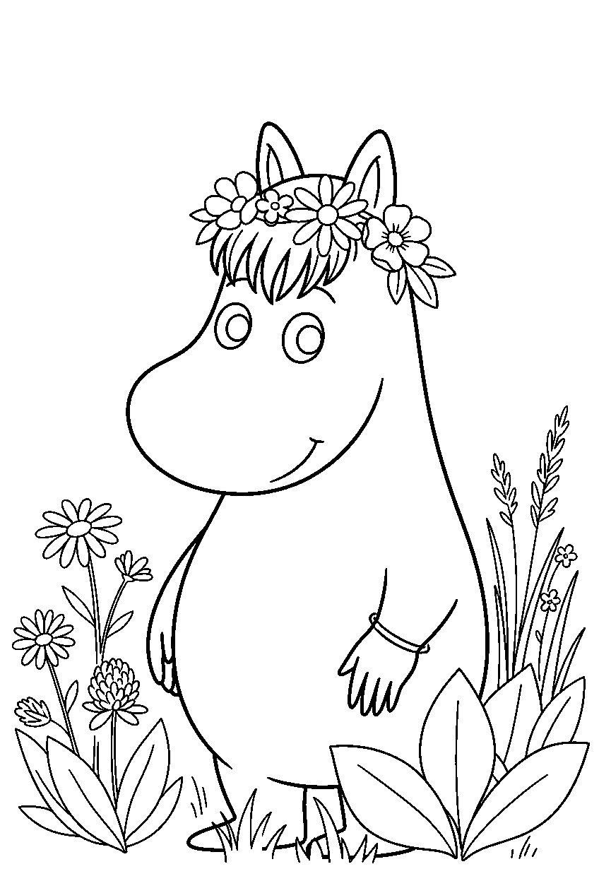 moomin snorkmaiden in midsummer meadow line art