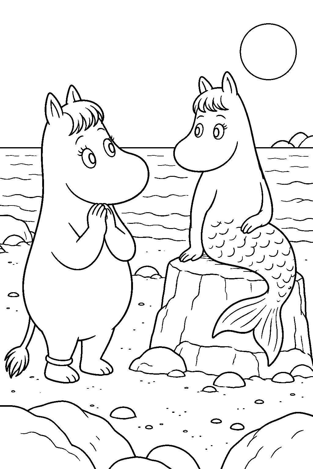 snorkmaiden admiring moomintroll s mermaid sculpture of her on the beach line art