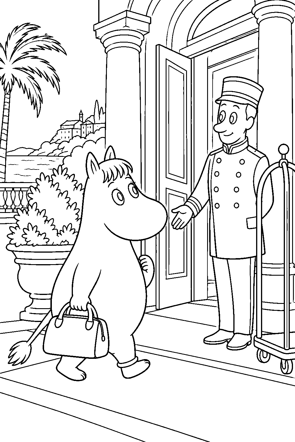 snorkmaiden arriving at the grand hotel on the riviera line art