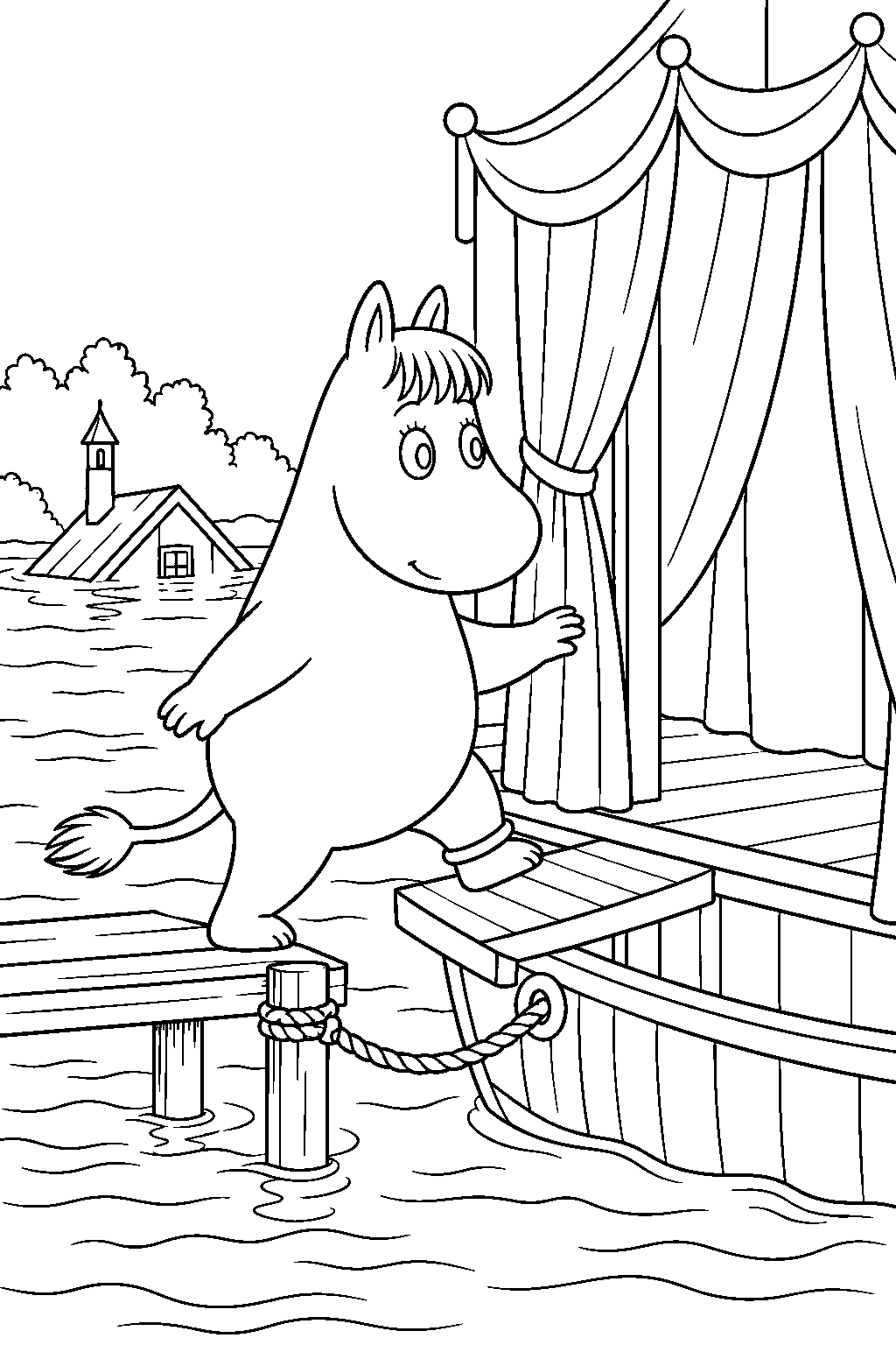 snorkmaiden boarding the floating theatre during the moominvalley flood line art