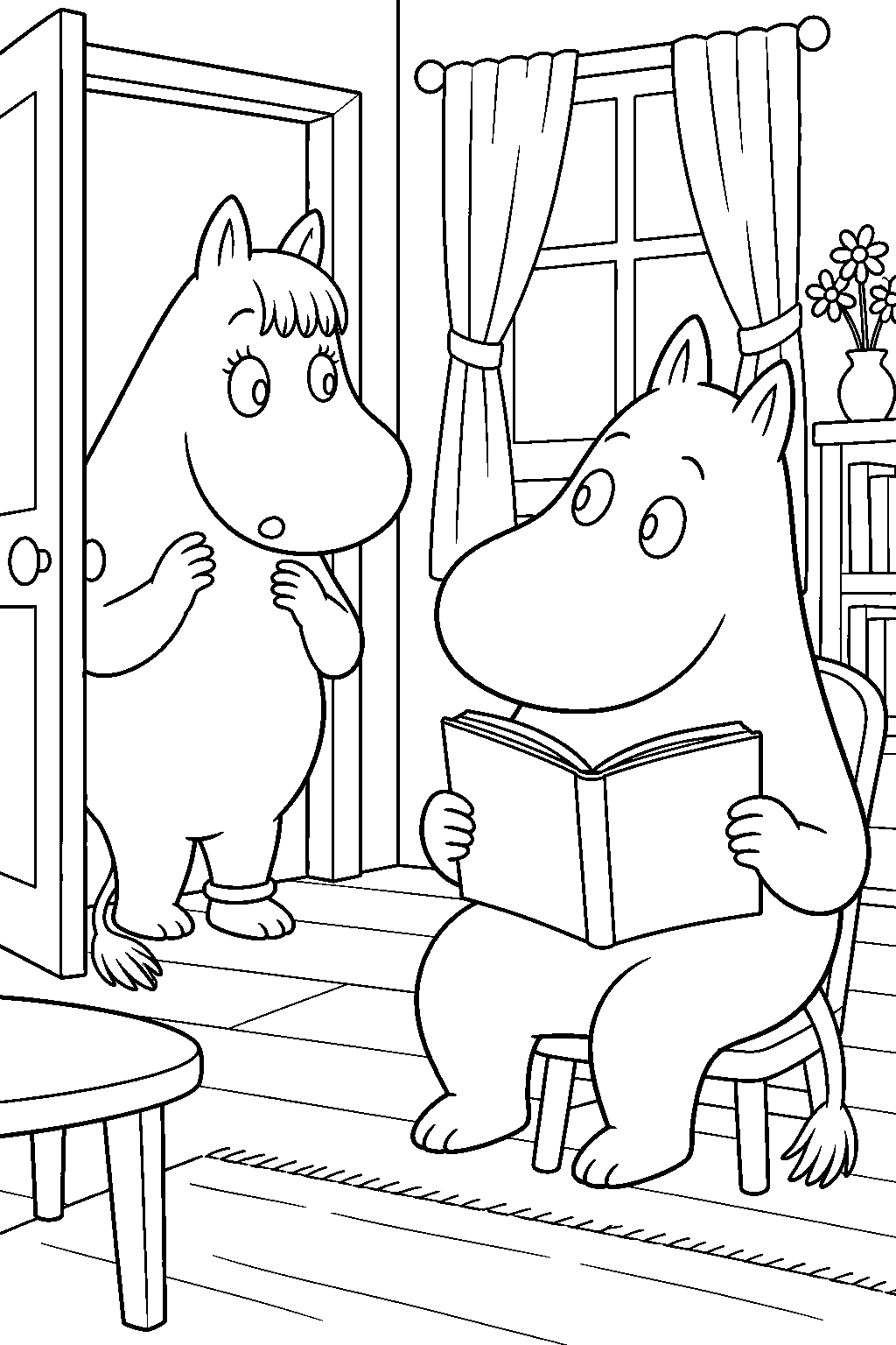 snorkmaiden catching moomintroll reading her diary line art