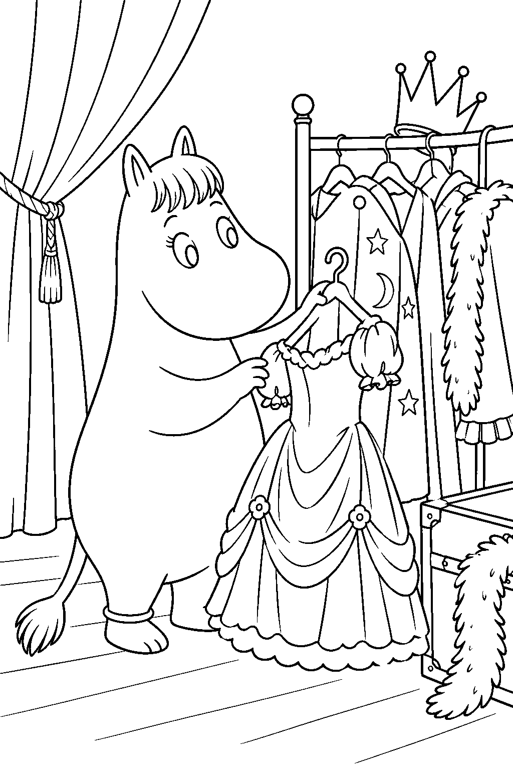 snorkmaiden choosing a stage costume backstage in the floating theatre line art