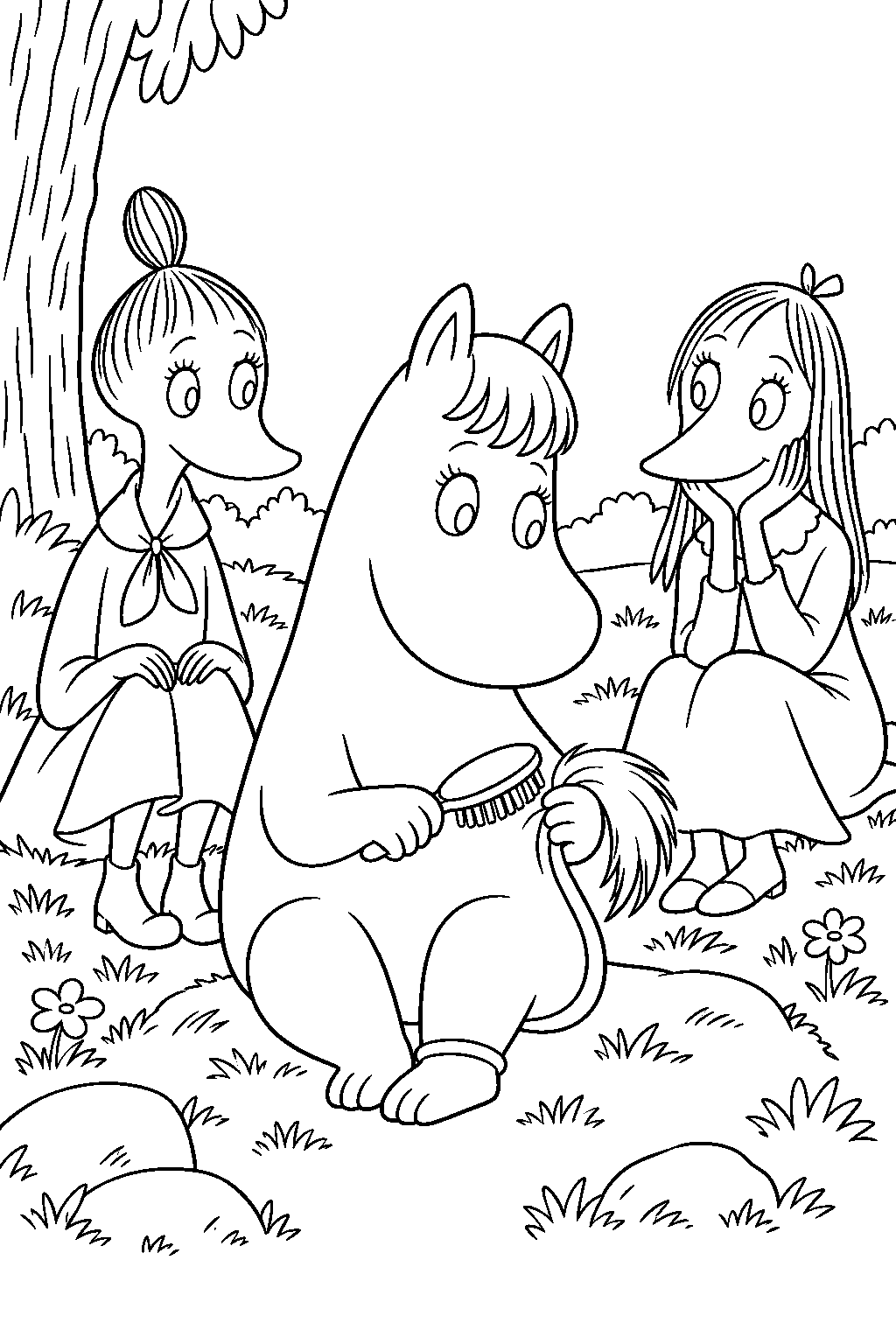 snorkmaiden combing her tail beside mymble and misabel line art