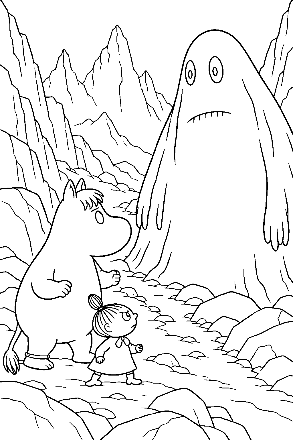 snorkmaiden confronting the groke with little my in the lonely mountains line art
