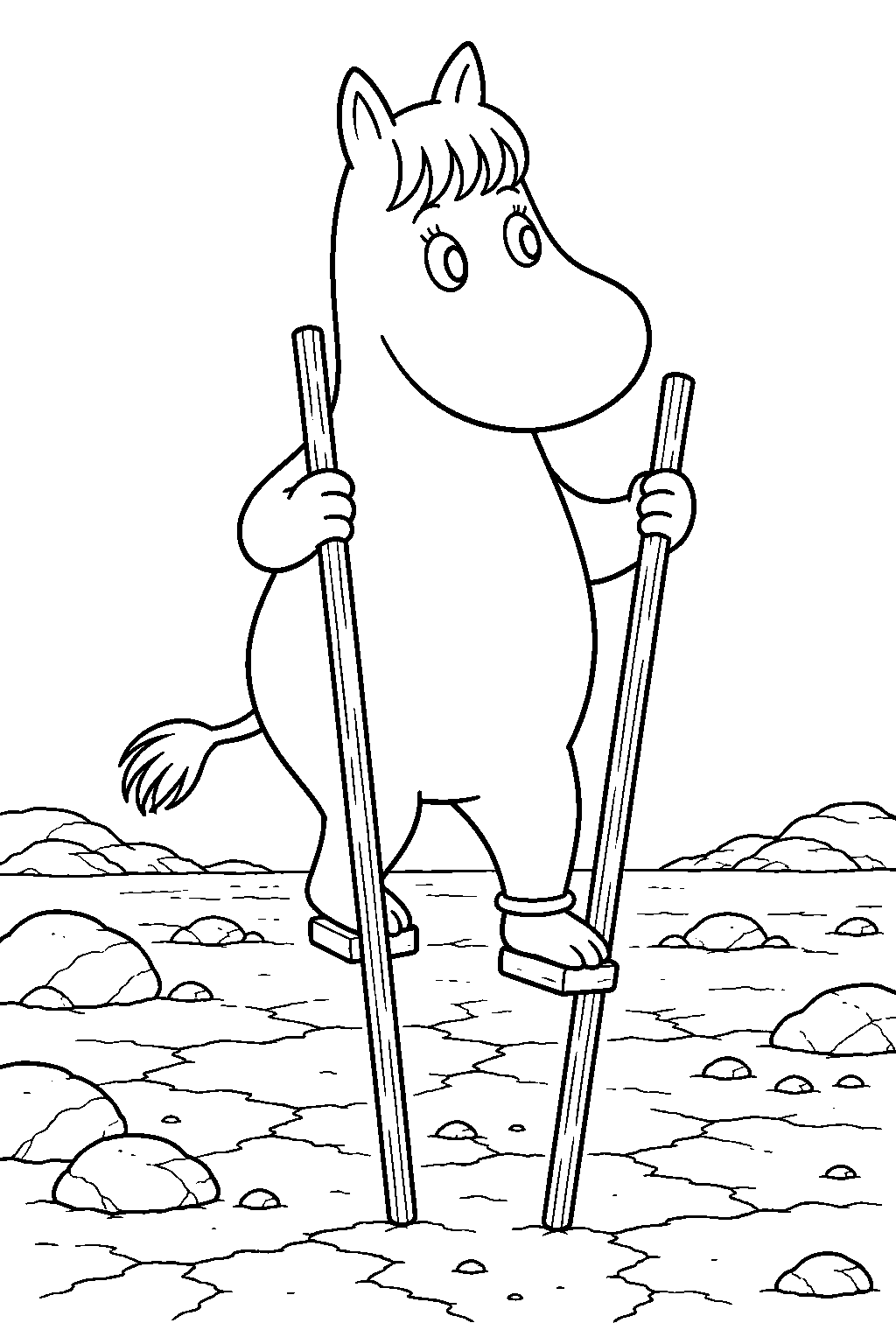 snorkmaiden crossing the dried seabed on wooden stilts line art