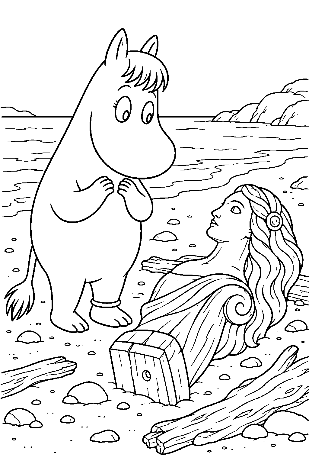 snorkmaiden discovering the wooden lady figurehead washed up on the beach line art