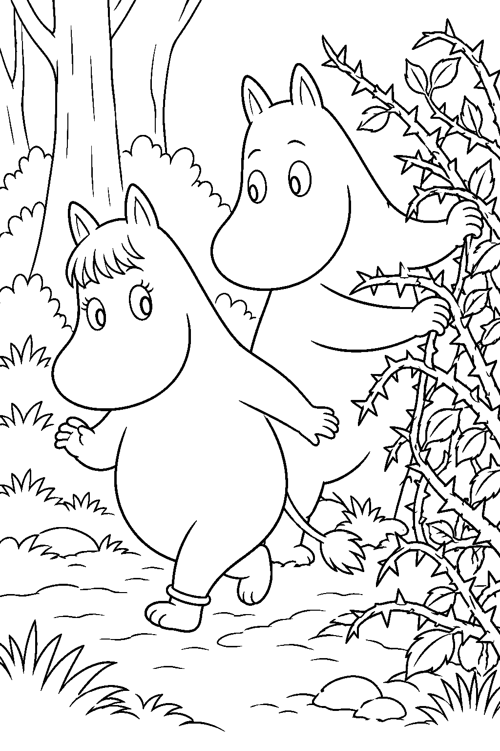 snorkmaiden escaping the dangerous forest bush with moomintroll s help line art