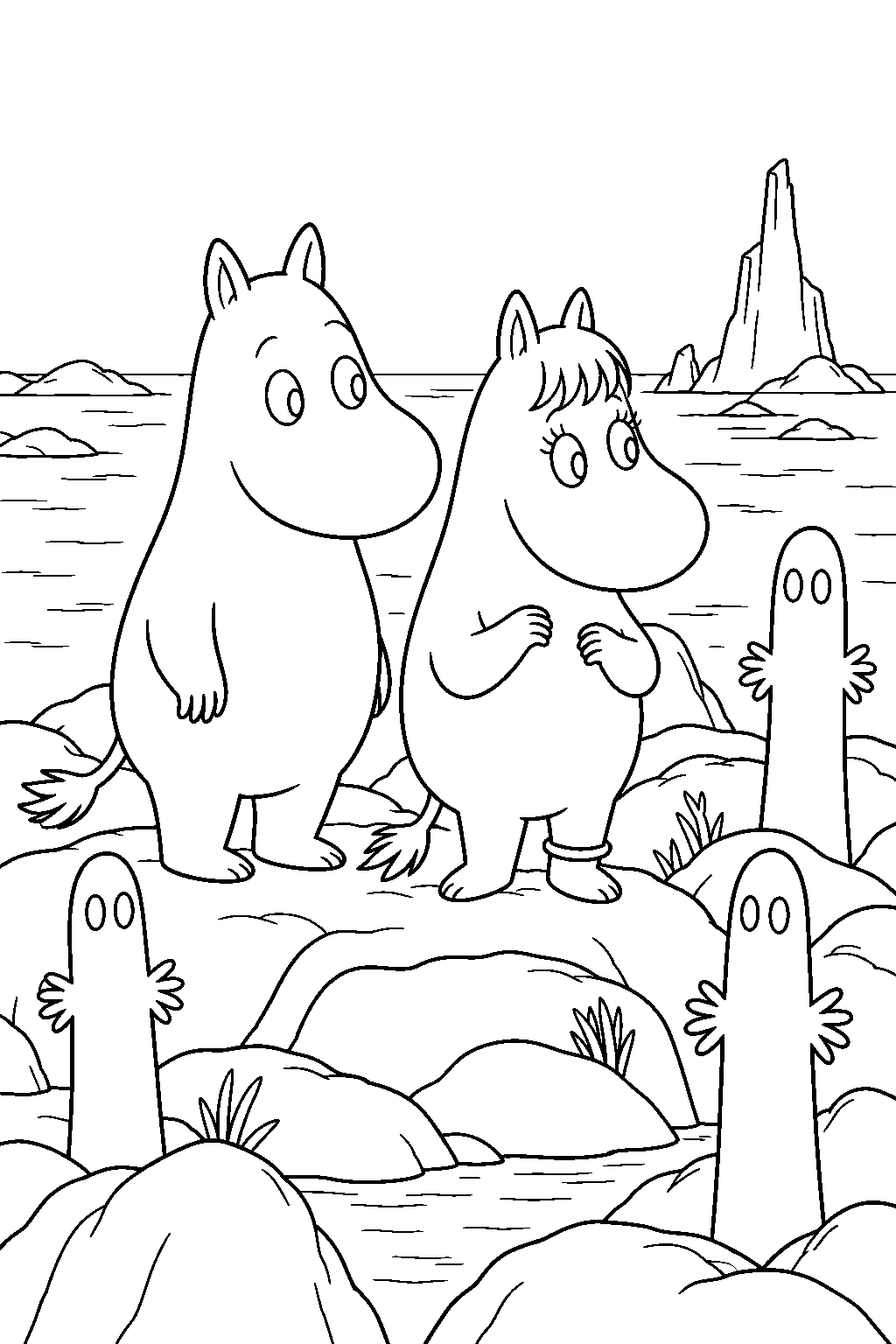 snorkmaiden exploring the island of the hattifatteners with moomintroll line art