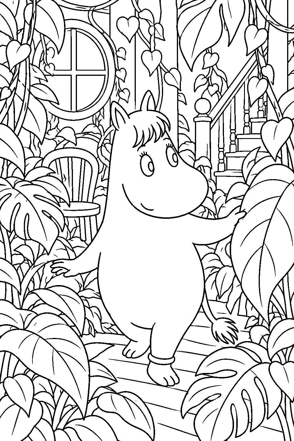 snorkmaiden exploring the jungle growing inside moominhouse line art