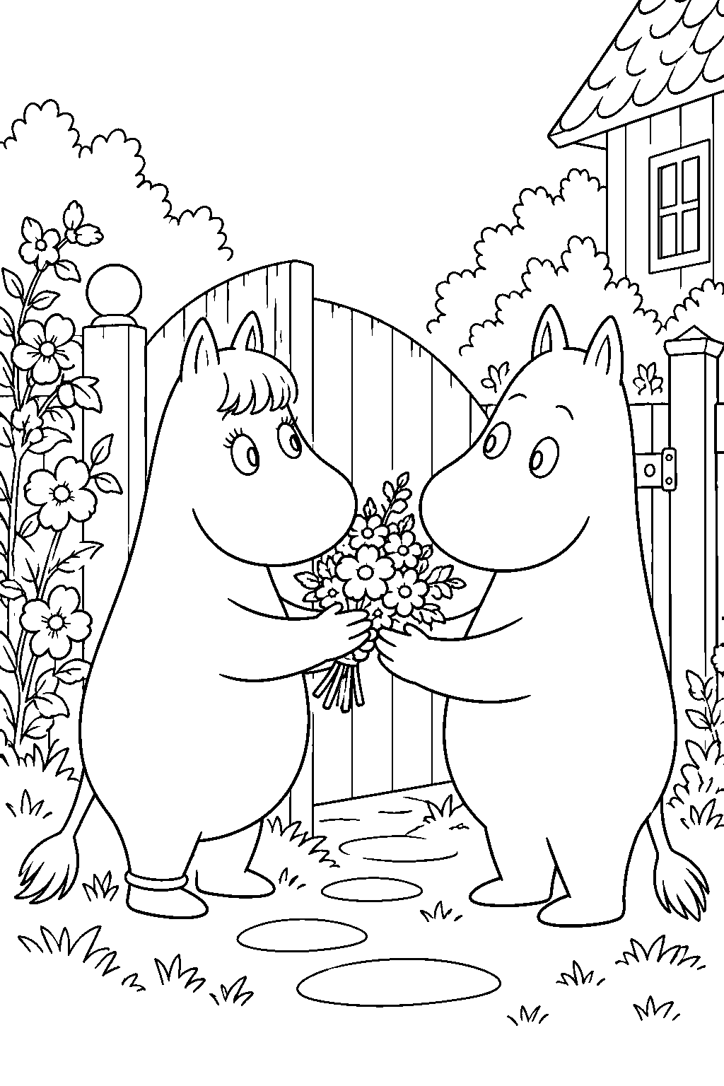 snorkmaiden giving moomintroll a bouquet at the garden gate line art