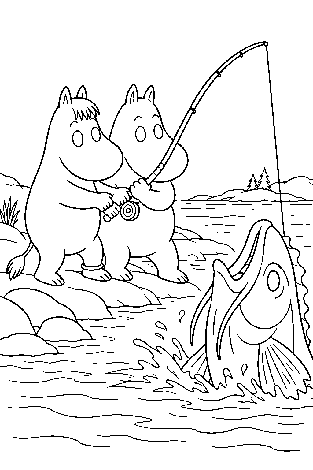 snorkmaiden helping moomintroll catch the giant mameluke fish line art